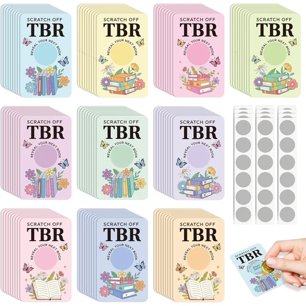 Conjunto colorido de cartões raspáveis com desafios de leitura TBR