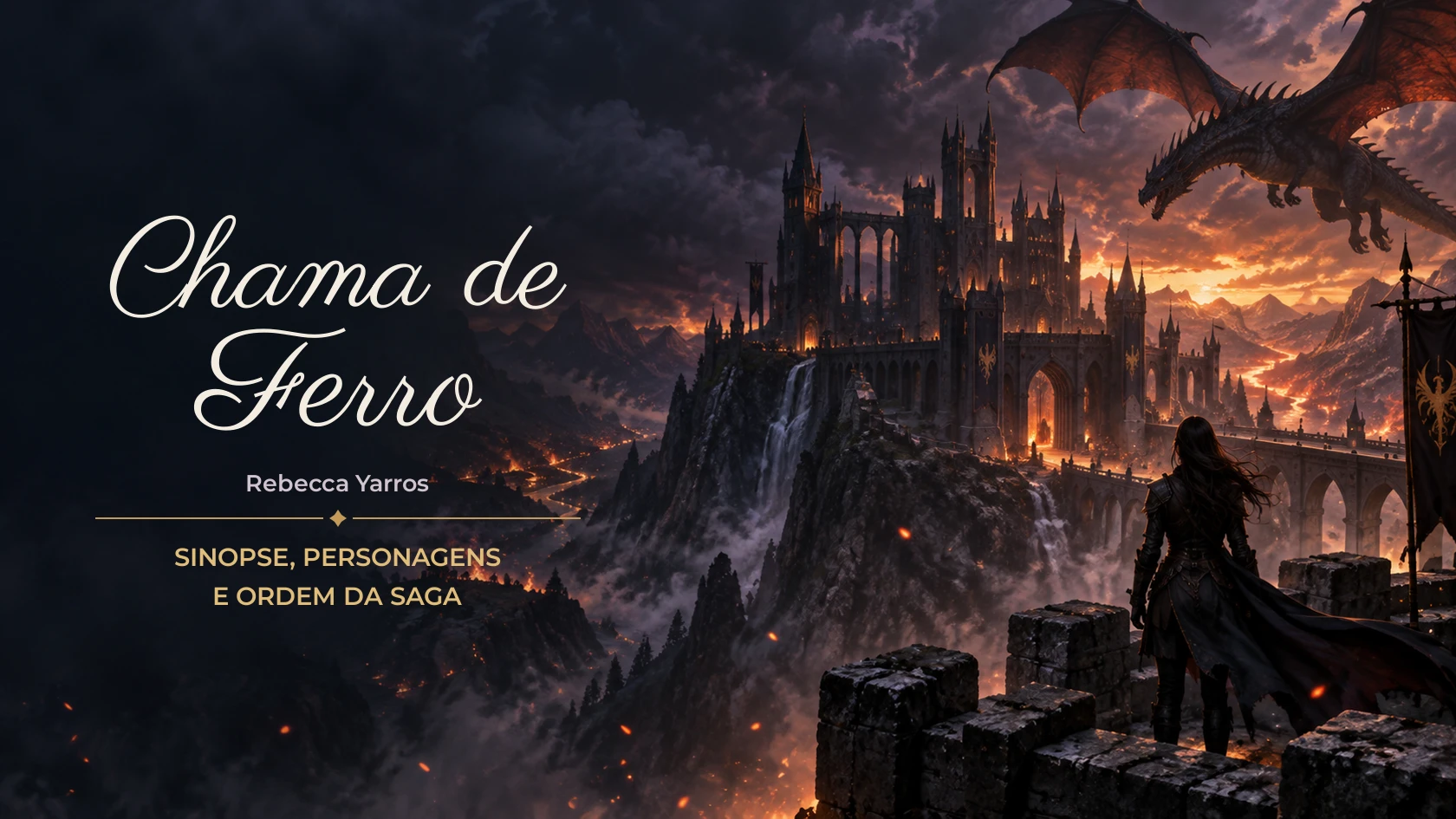 Ilustração de uma cavaleira diante de uma fortaleza entre montanhas, com um dragão sobrevoando o céu ao entardecer