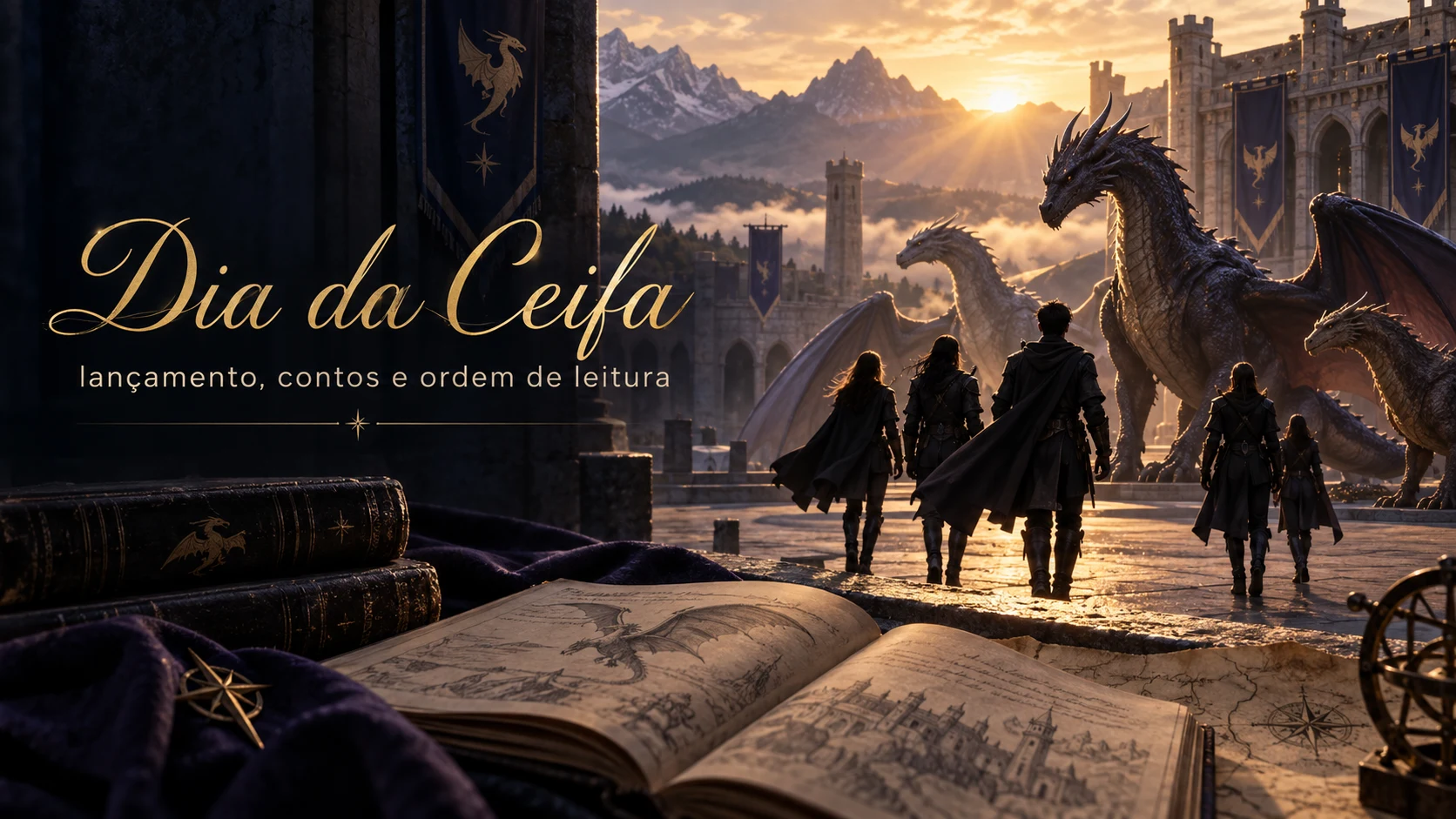 Cadetes e dragões diante de uma academia militar ao amanhecer, em uma capa sobre Dia da Ceifa, de Rebecca Yarros