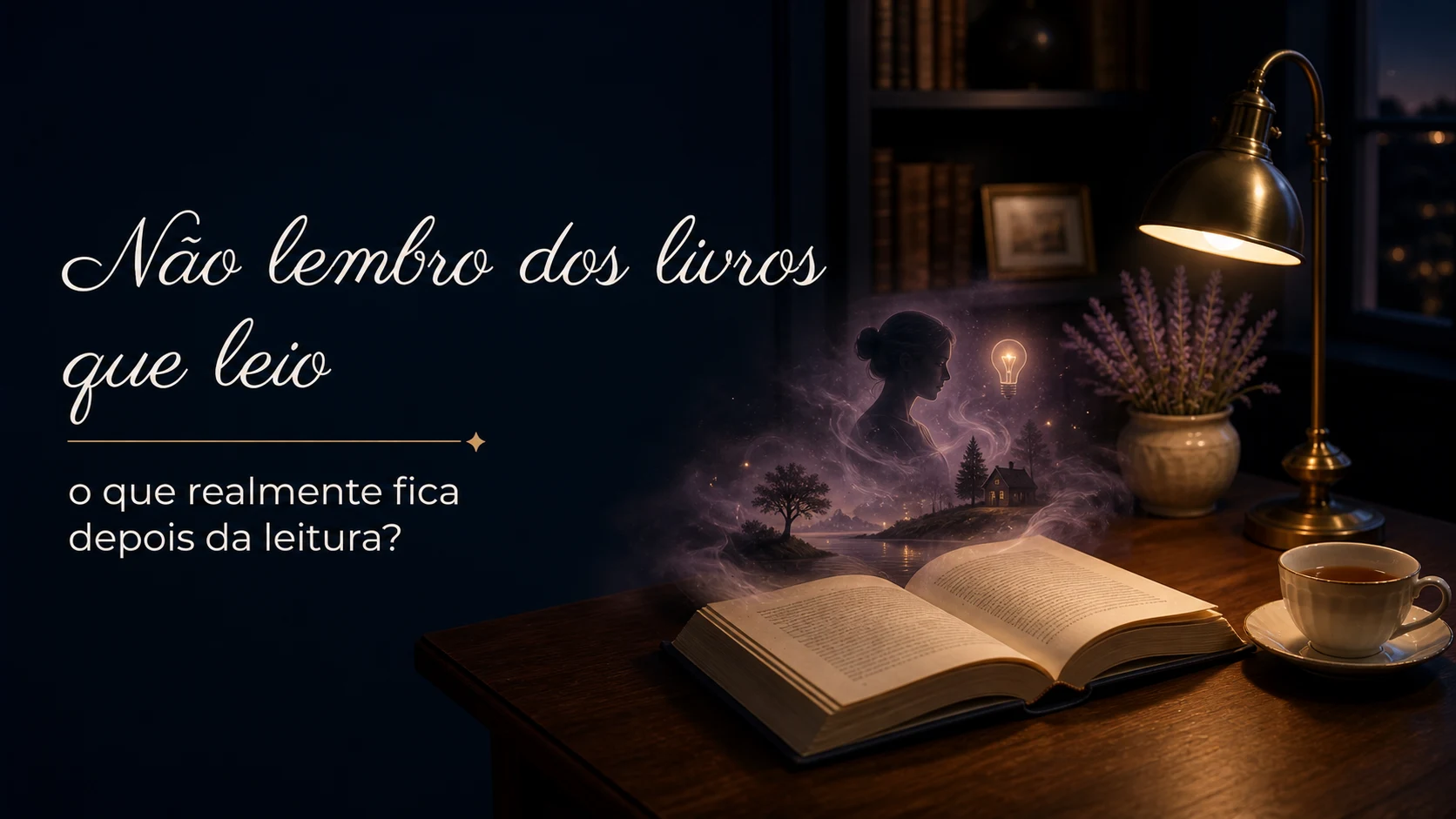 Leitora diante de um livro aberto, cercada por lembranças simbólicas de personagens, cenas, ideias e sensações deixadas pela leitura
