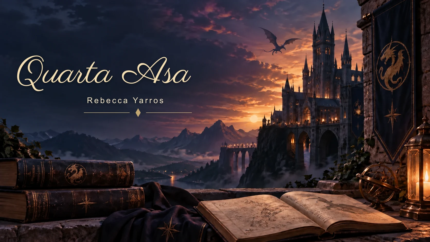 Capa do artigo sobre Quarta Asa, de Rebecca Yarros, com dragões, livros e a academia militar Basgiath