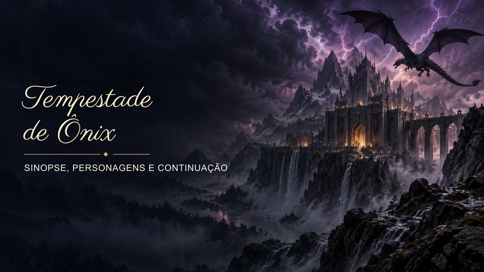 Capa editorial de Tempestade de Ônix, com um dragão sobre uma cidade durante uma tempestade violeta