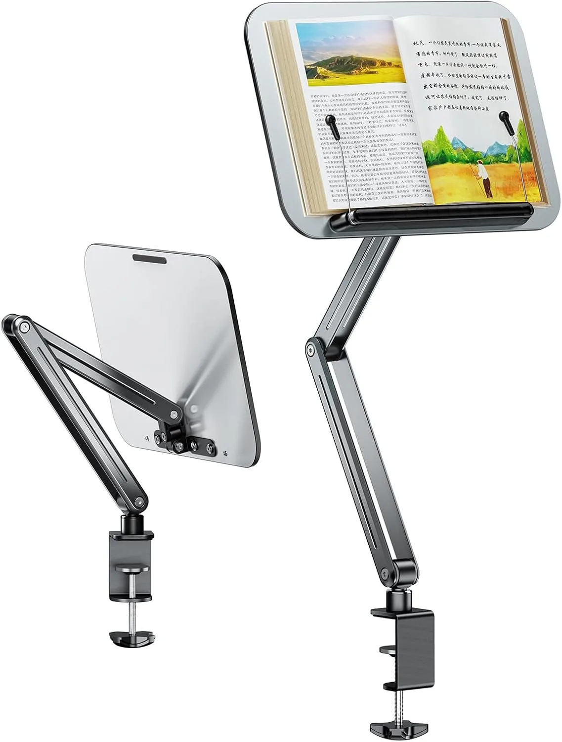 Suporte de Livro para Mesa com Altura e Ângulo Ajustáveis Braço em Cantilever Giratório 360 Multifuncional Dobrável Ereader Didático Revista Laptop