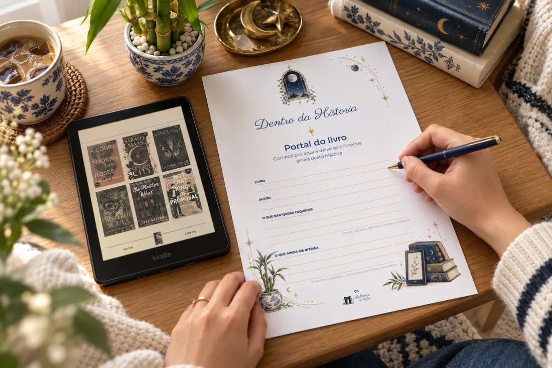 Caderno Dentro da História ao lado de um e-reader e livros